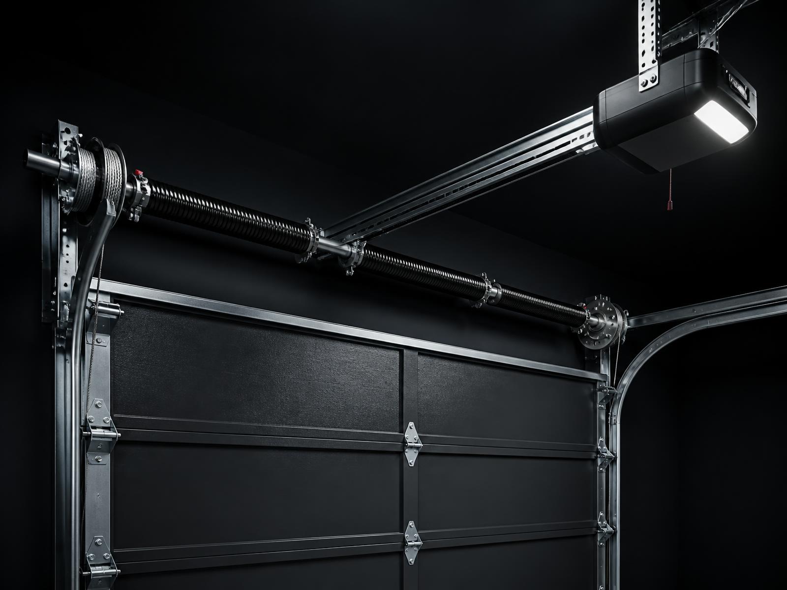 Residential garage door system: torsion springs, cables, drums, rollers, tracks and opener